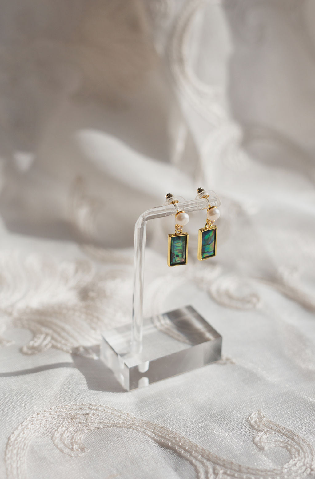Abalone Shell Pearl Drop Earrings, Iridescent Rectangular Inlay, Gold-Tone Statement Jewelry