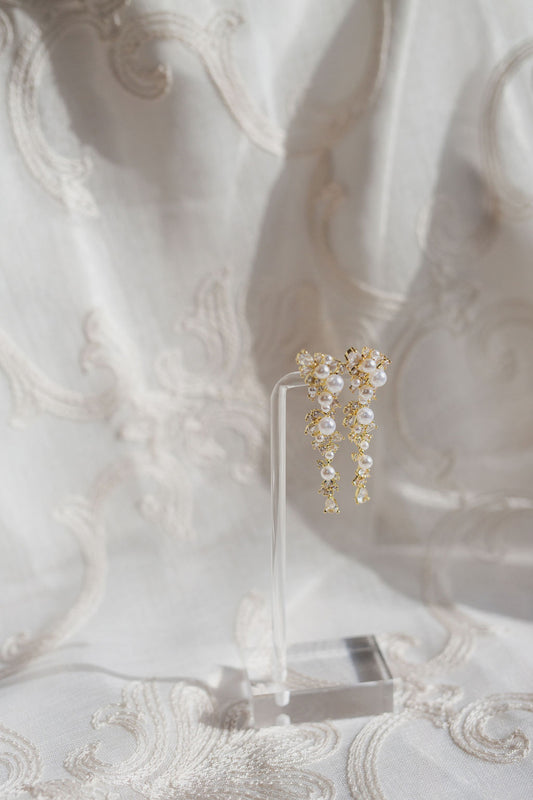 Cascading Pearl Crystal Earrings, Gold Floral Dangle, Bridal Jewelry