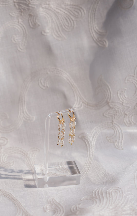 Gold Freshwater Pearl Tassel Huggie Earrings