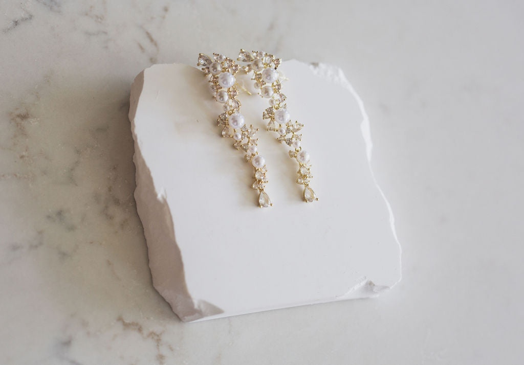 Cascading Pearl Crystal Earrings, Gold Floral Dangle, Bridal Jewelry