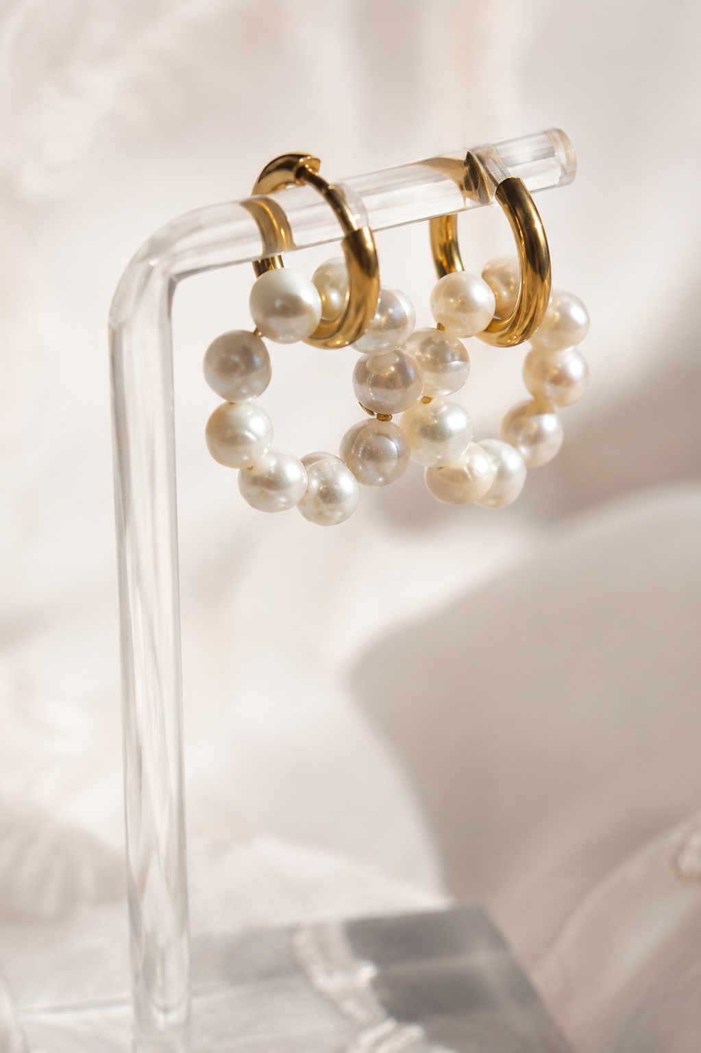 Freshwater Pearl Double Hoop Earrings, 18K Gold Plated Huggie Bridal Jewelry