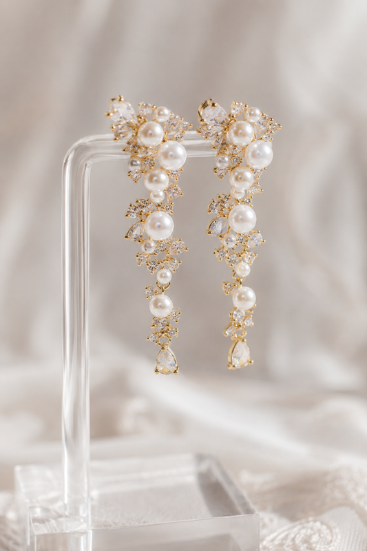 Cascading Pearl Crystal Earrings, Gold Floral Dangle, Bridal Jewelry