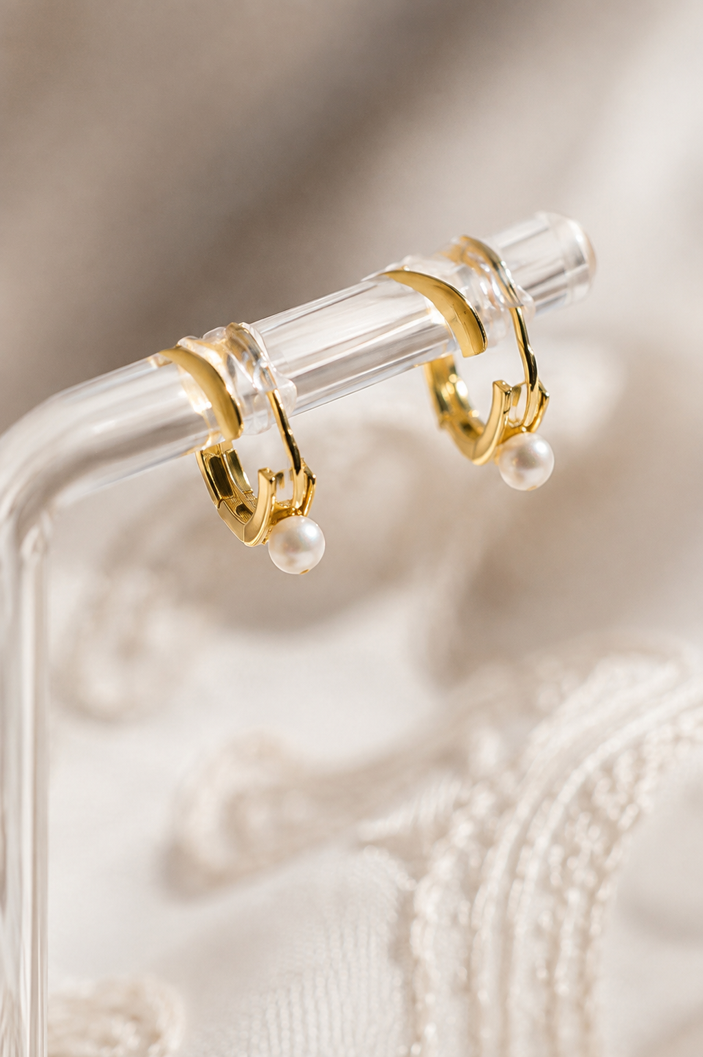 Gold Pearl Huggie Hoop Earrings, 925 Sterling Silver, Minimalist Bridal Jewelry