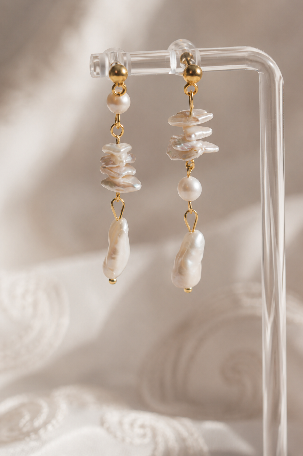 Baroque Pearl Drop Earrings, Asymmetrical Mismatched Gold Statement Bridal Jewelry