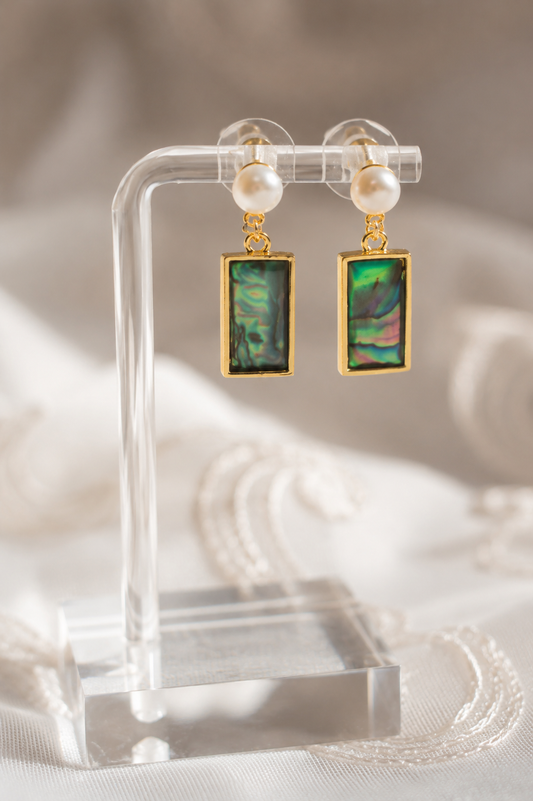 Abalone Shell Pearl Drop Earrings, Iridescent Rectangular Inlay, Gold-Tone Statement Jewelry