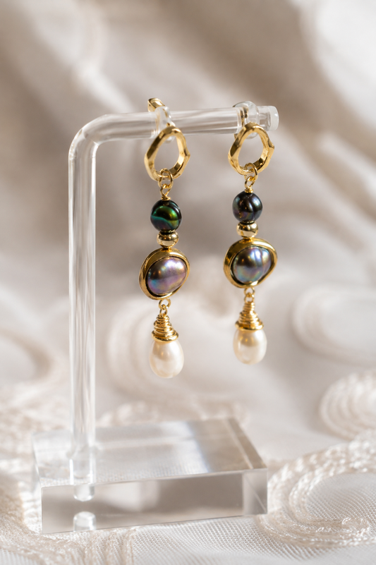 Abalone Pearl Drop Earrings, Baroque Freshwater Pearl Dangles, Gold Statement Jewelry