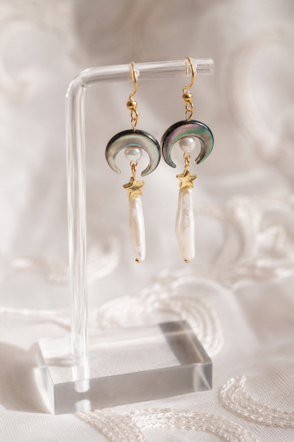 Celestial Moon Star Pearl Earrings, Gold Boho Bridal Dangle Jewelry