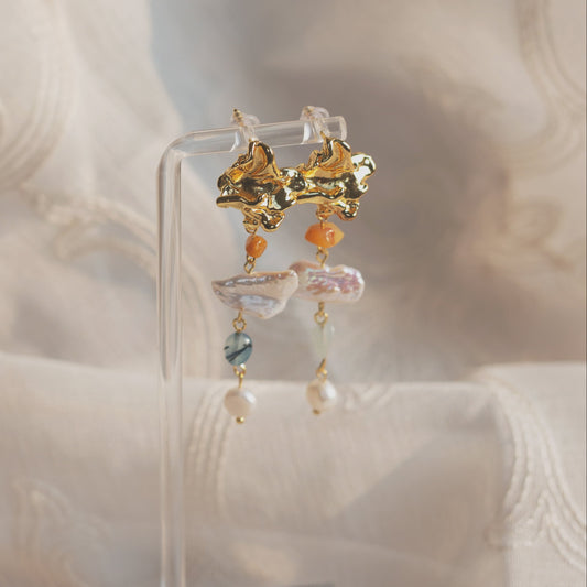Gold Baroque Pearl & Aquamarine Statement Earrings
