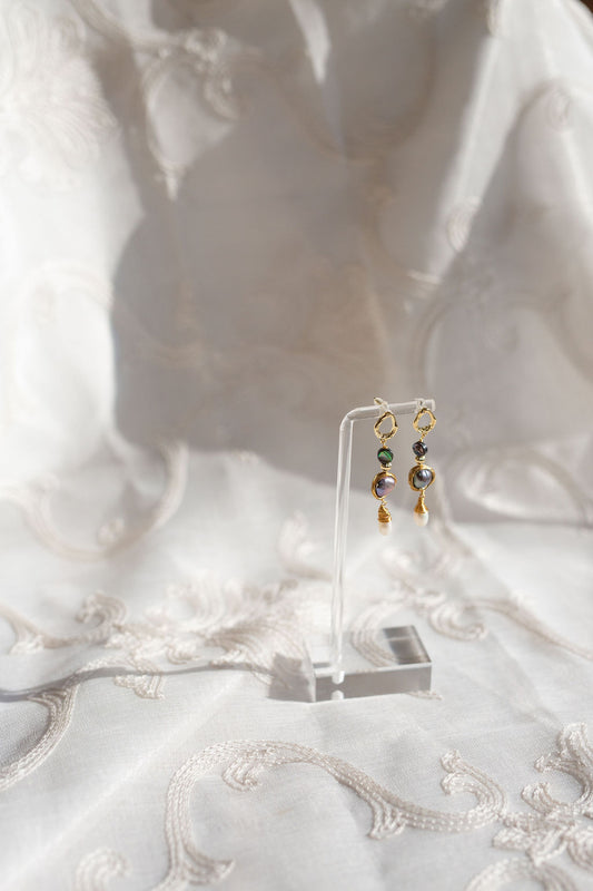 Abalone Pearl Drop Earrings, Baroque Freshwater Pearl Dangles, Gold Statement Jewelry