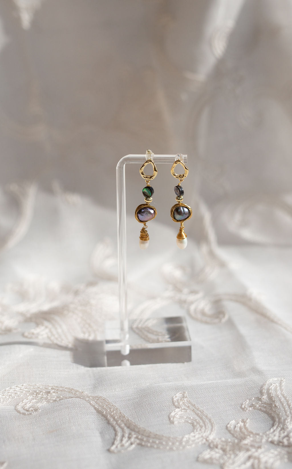 Abalone Pearl Drop Earrings, Baroque Freshwater Pearl Dangles, Gold Statement Jewelry