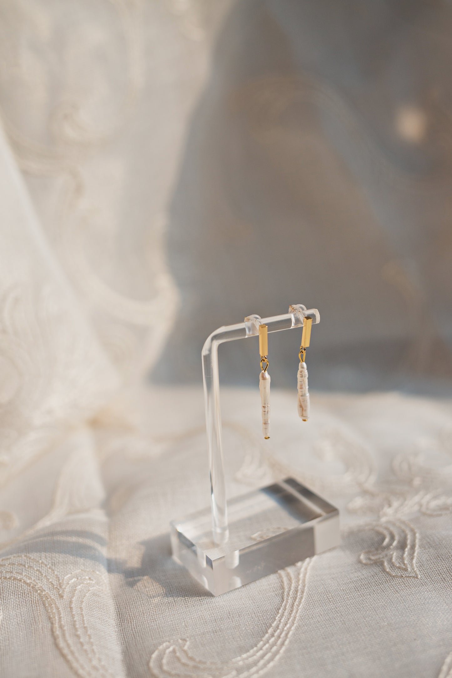 Minimalist Gold Baroque Pearl Bar Dangle Earrings