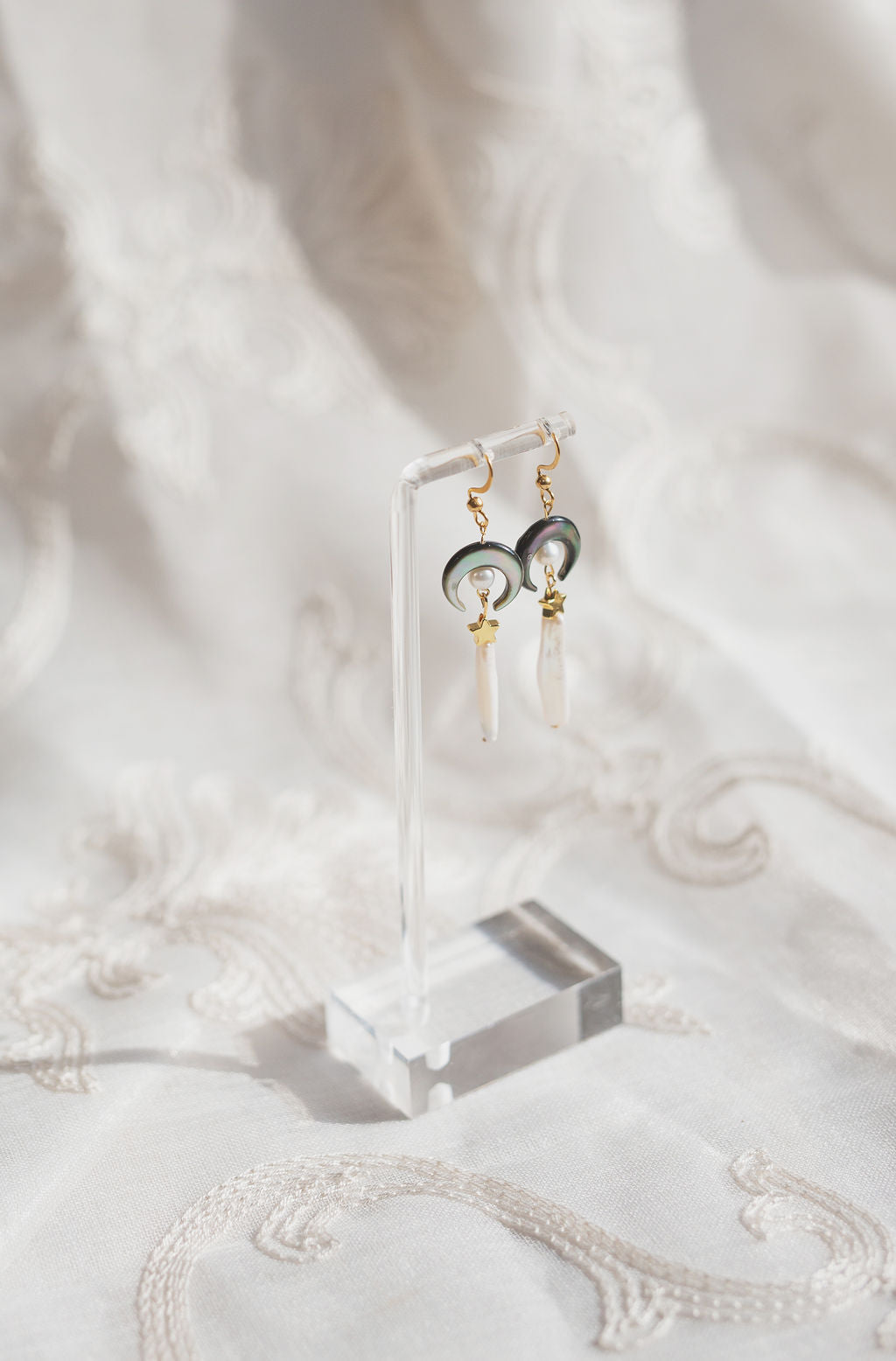 Celestial Moon Star Pearl Earrings, Gold Boho Bridal Dangle Jewelry