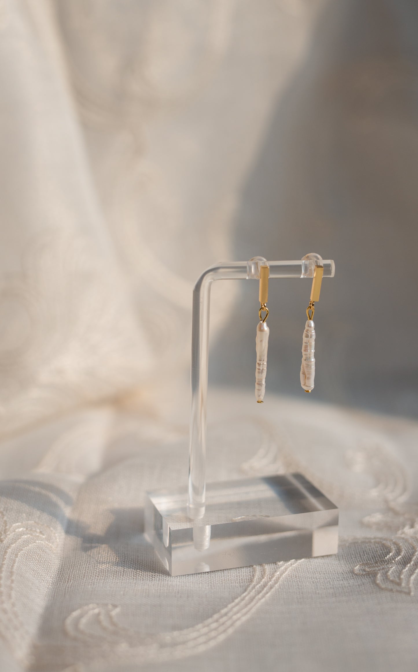 Minimalist Gold Baroque Pearl Bar Dangle Earrings