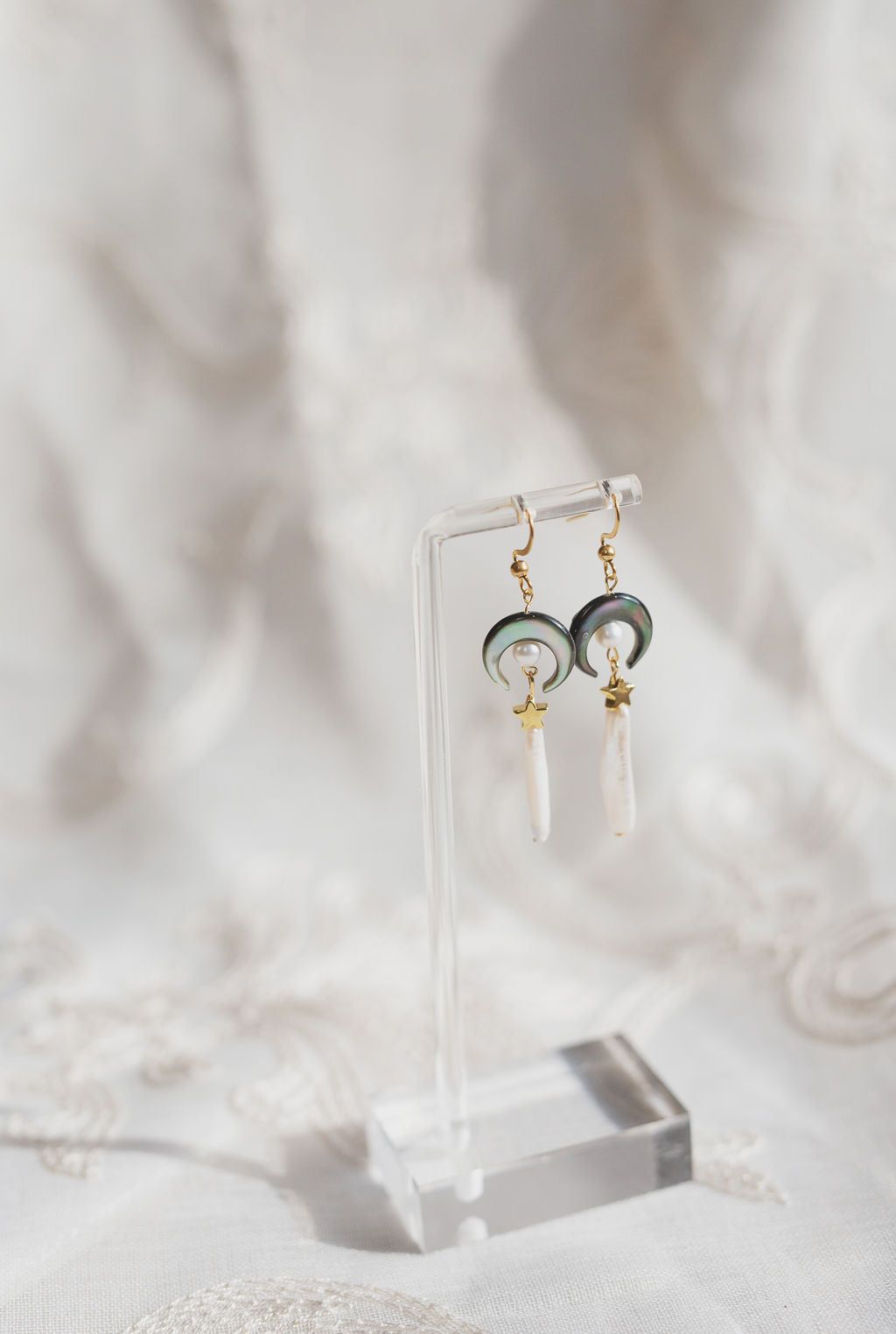 Celestial Moon Star Pearl Earrings, Gold Boho Bridal Dangle Jewelry