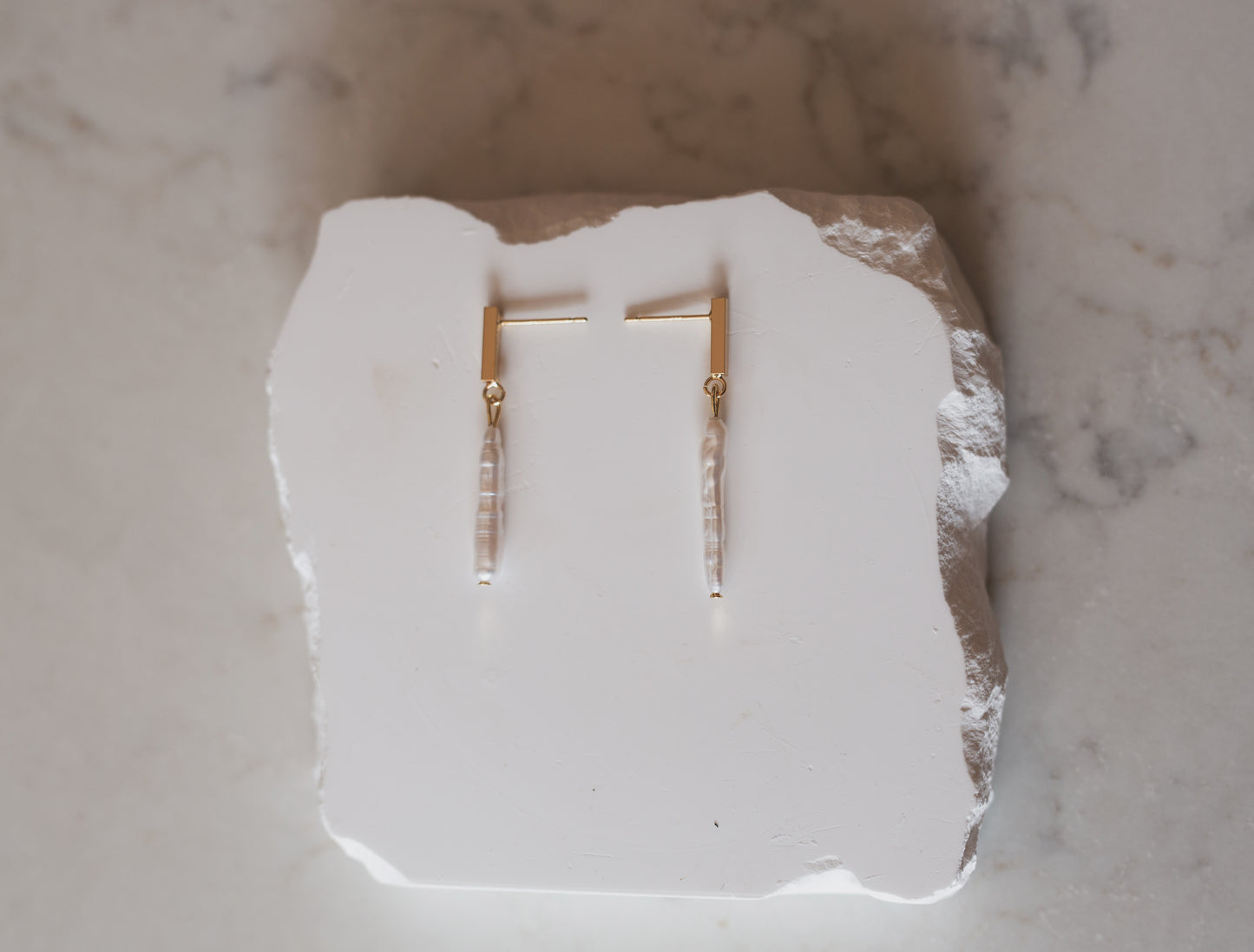 Minimalist Gold Baroque Pearl Bar Dangle Earrings