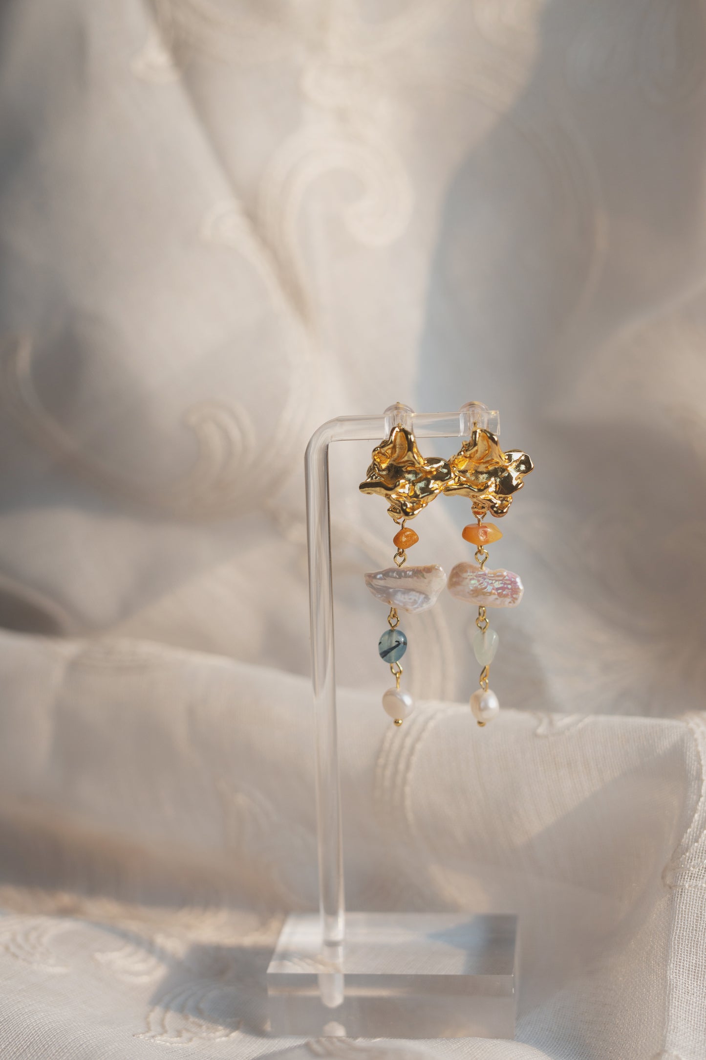 Gold Baroque Pearl & Aquamarine Statement Earrings