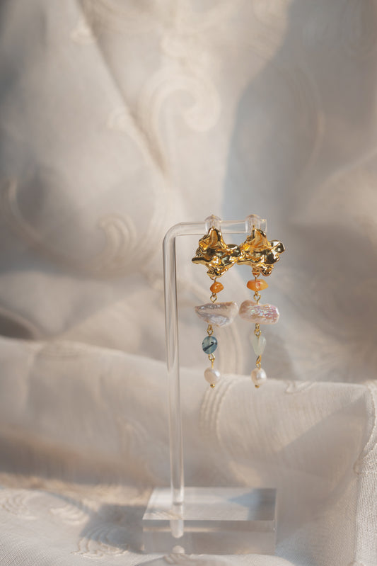 Gold Baroque Pearl & Aquamarine Statement Earrings
