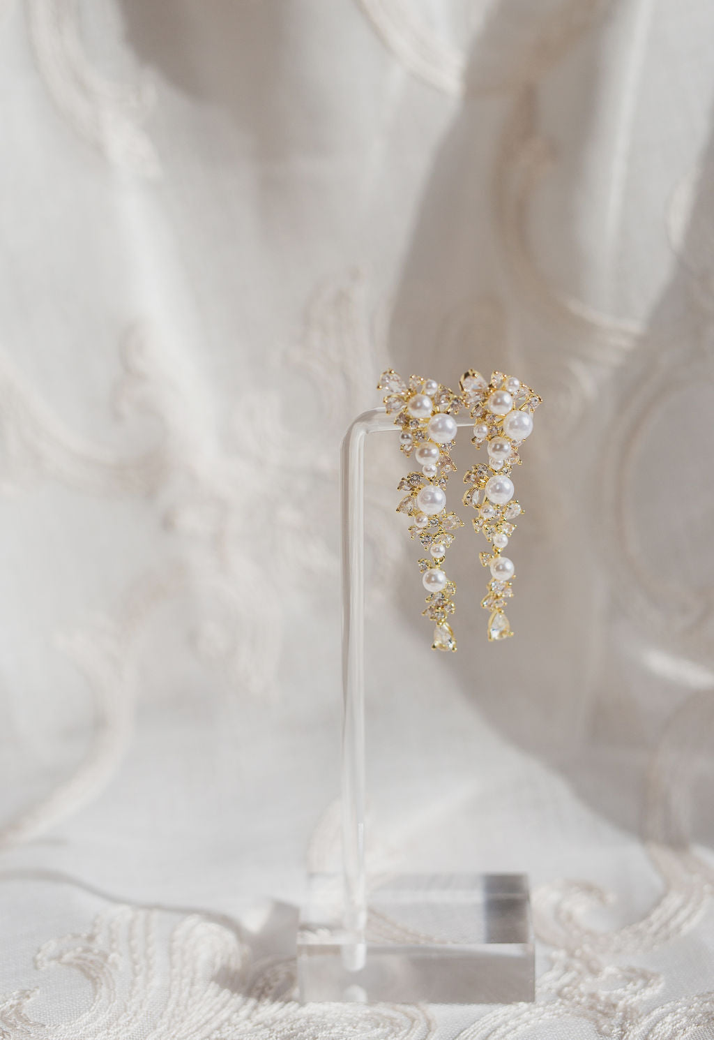 Cascading Pearl Crystal Earrings, Gold Floral Dangle, Bridal Jewelry