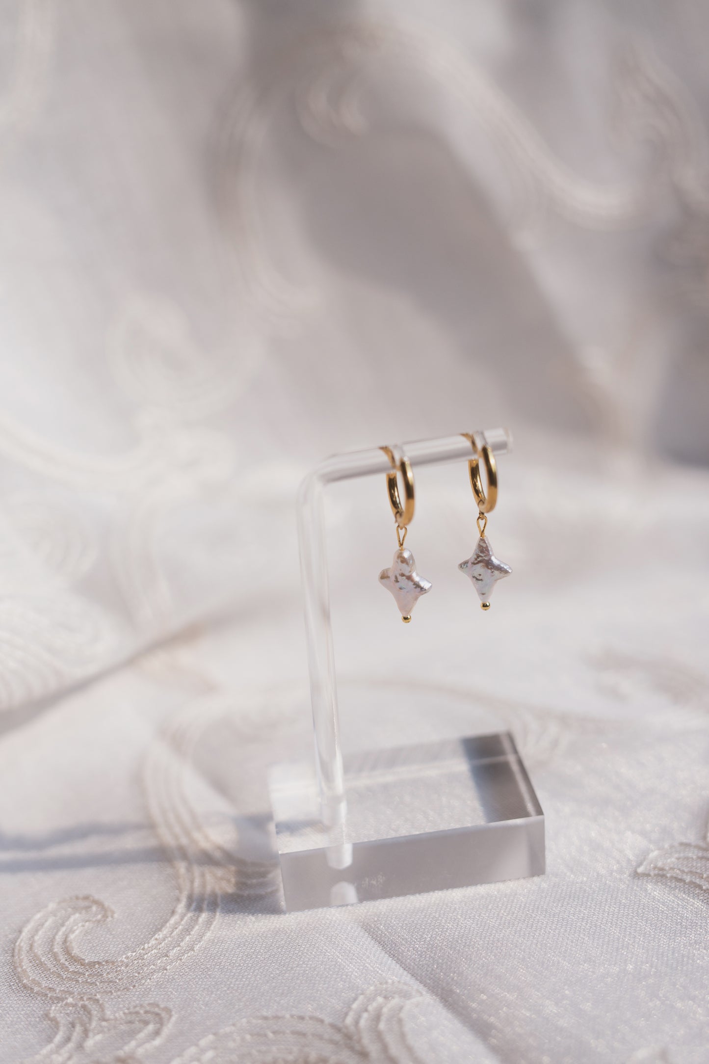 Gold Starburst Pearl Huggie Hoop Earrings