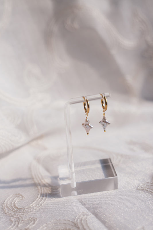 Gold Starburst Pearl Huggie Hoop Earrings