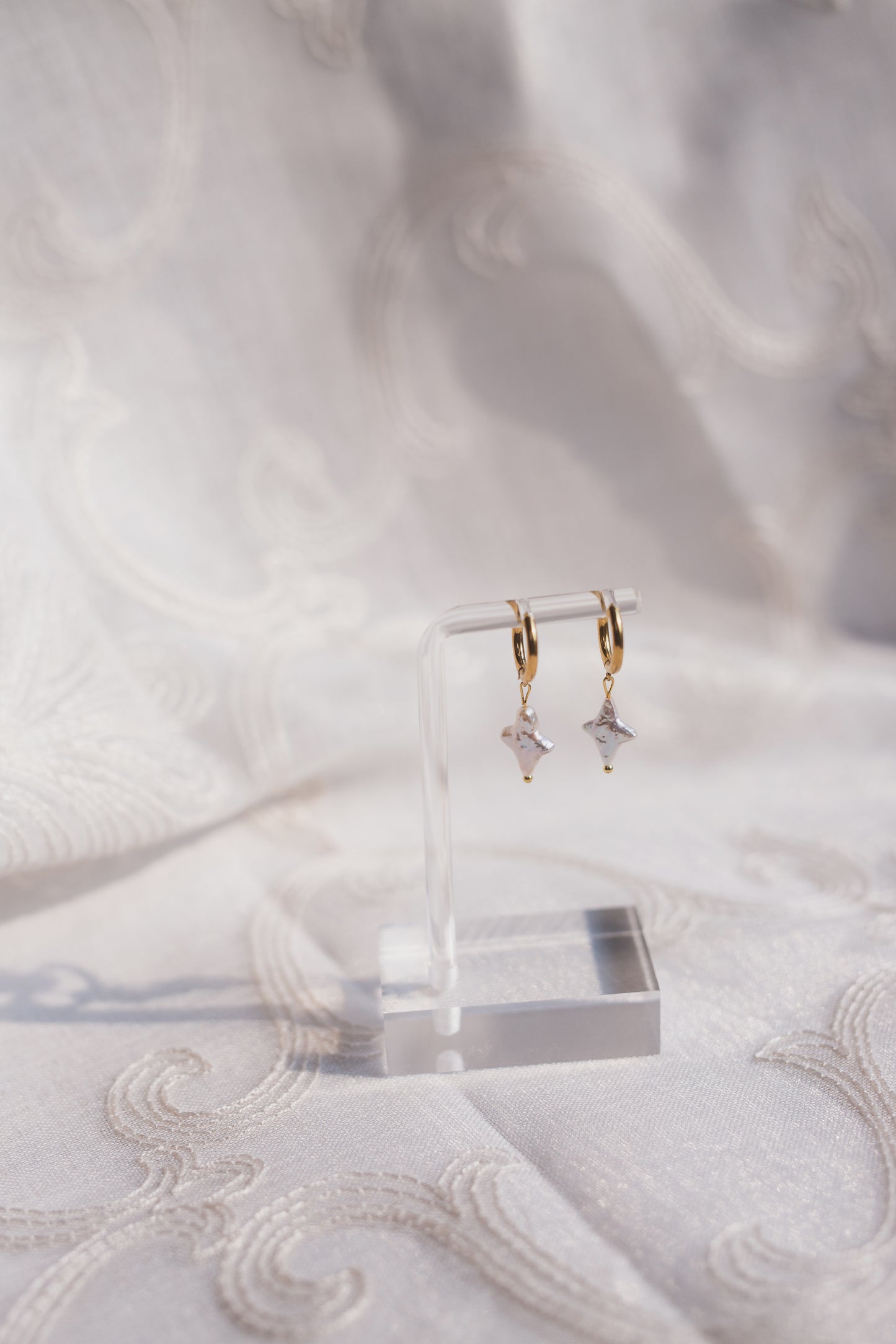 Gold Starburst Pearl Huggie Hoop Earrings