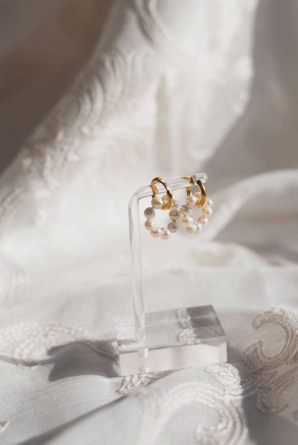 Freshwater Pearl Double Hoop Earrings, 18K Gold Plated Huggie Bridal Jewelry