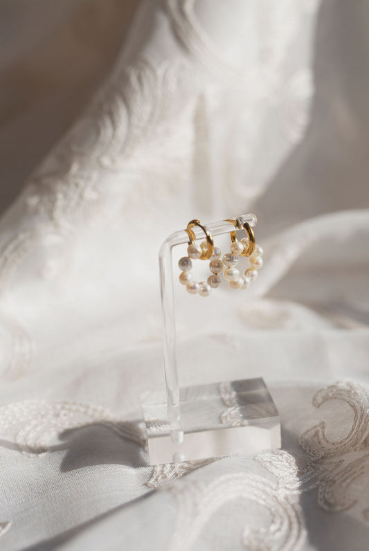 Freshwater Pearl Double Hoop Earrings, 18K Gold Plated Huggie Bridal Jewelry
