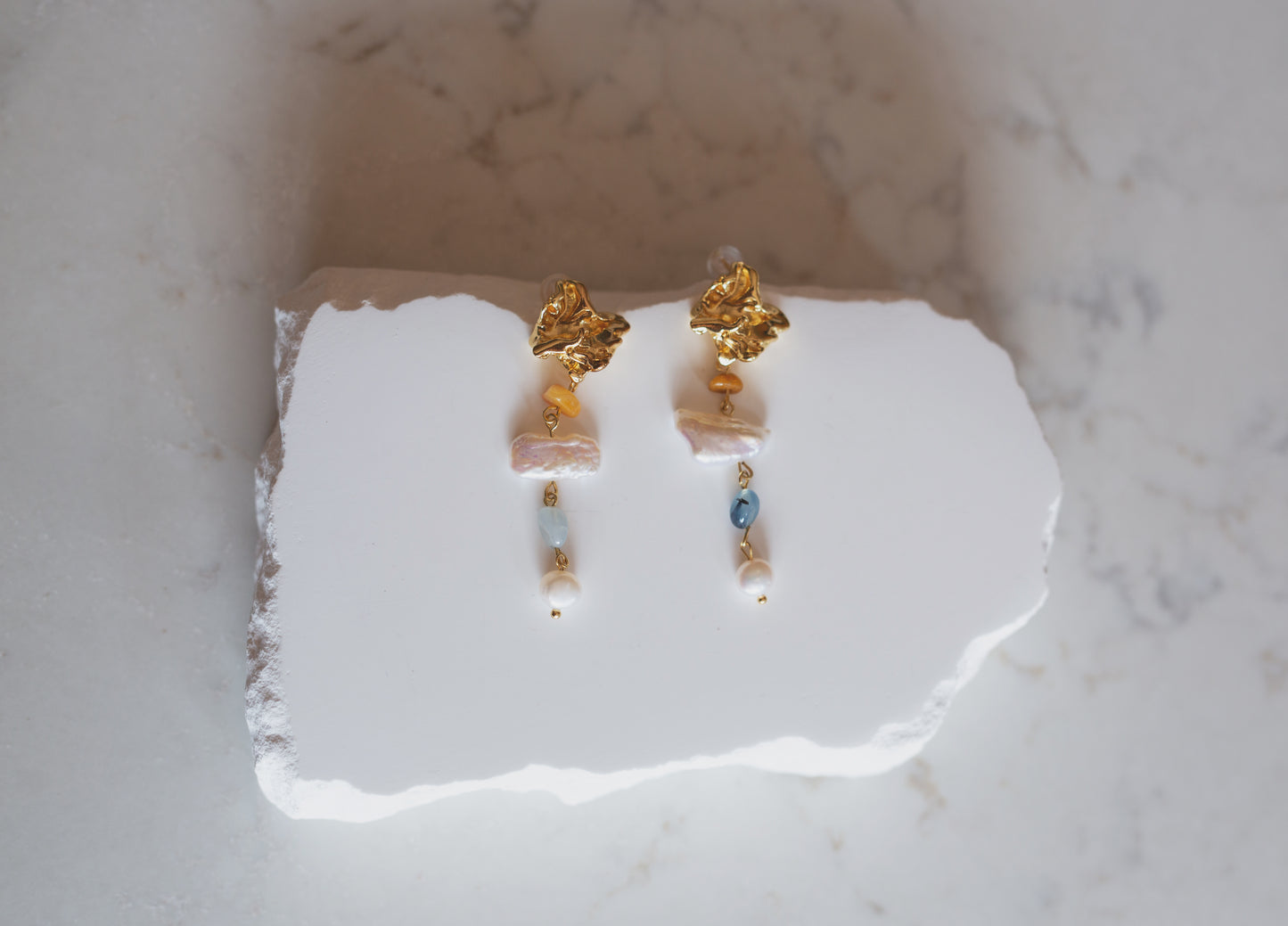 Gold Baroque Pearl & Aquamarine Statement Earrings