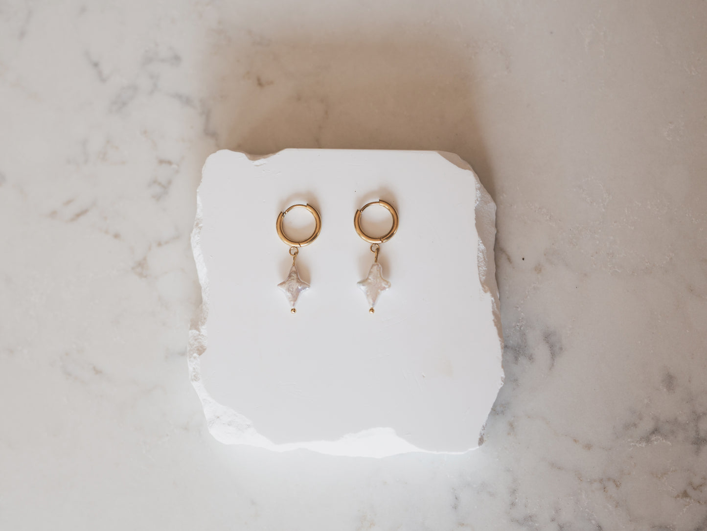 Gold Starburst Pearl Huggie Hoop Earrings