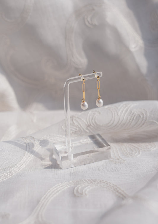 Gold Pearl Chain Drop Earrings