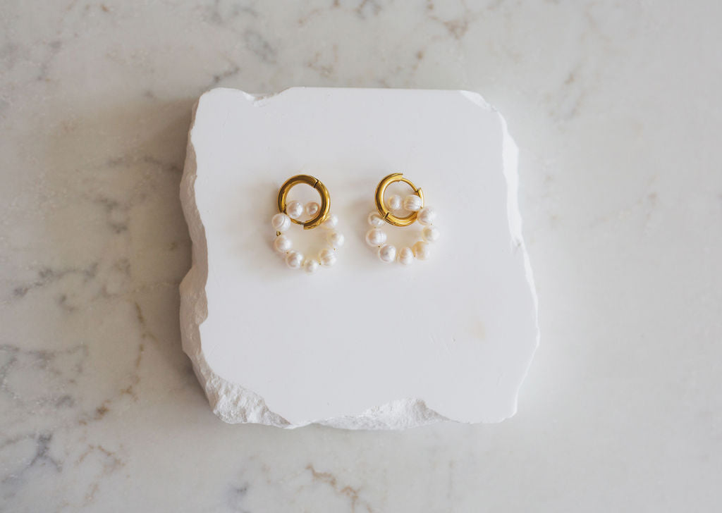 Freshwater Pearl Double Hoop Earrings, 18K Gold Plated Huggie Bridal Jewelry