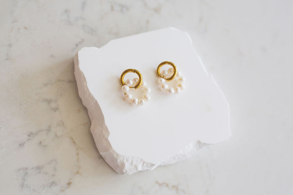 Freshwater Pearl Double Hoop Earrings, 18K Gold Plated Huggie Bridal Jewelry