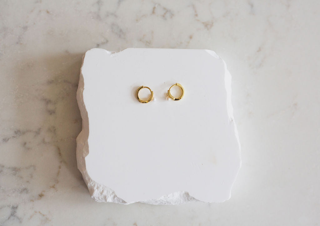 Gold Pearl Huggie Hoop Earrings, 925 Sterling Silver, Minimalist Bridal Jewelry