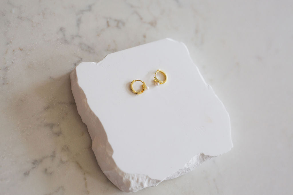 Gold Pearl Huggie Hoop Earrings, 925 Sterling Silver, Minimalist Bridal Jewelry