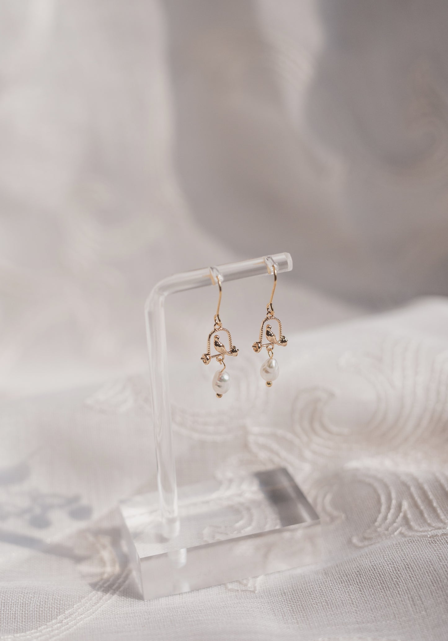 Gold Bird & Freshwater Pearl Drop Earrings