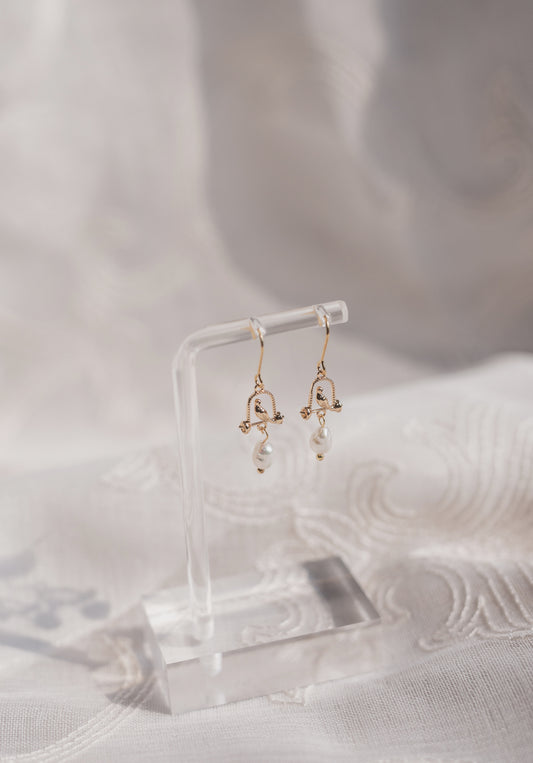 Gold Bird & Freshwater Pearl Drop Earrings