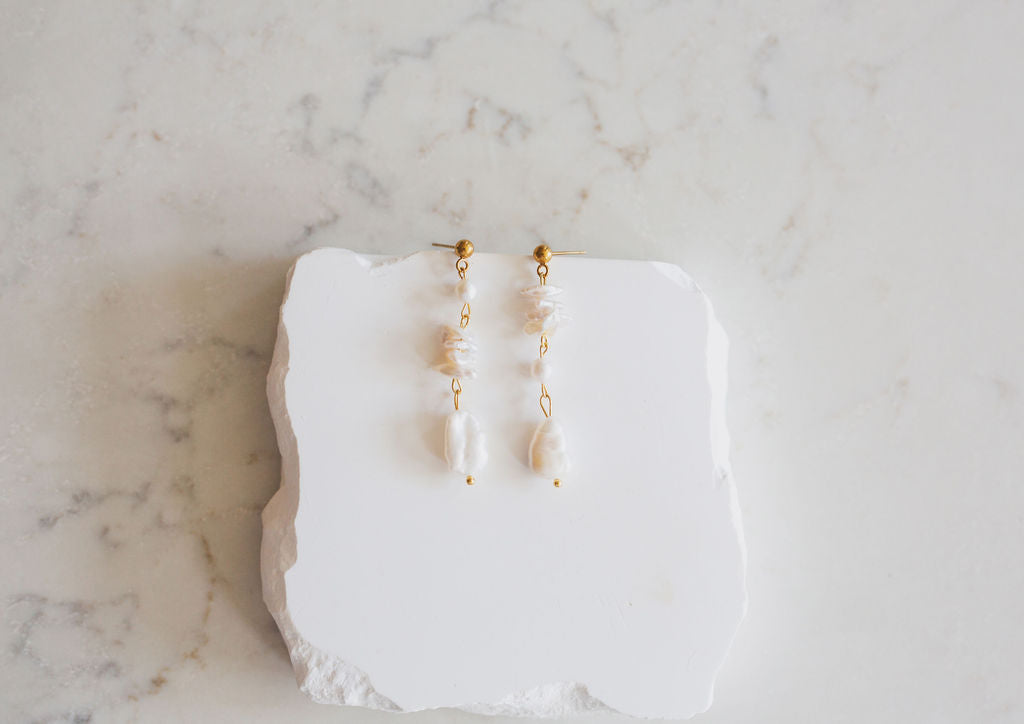 Baroque Pearl Drop Earrings, Asymmetrical Mismatched Gold Statement Bridal Jewelry