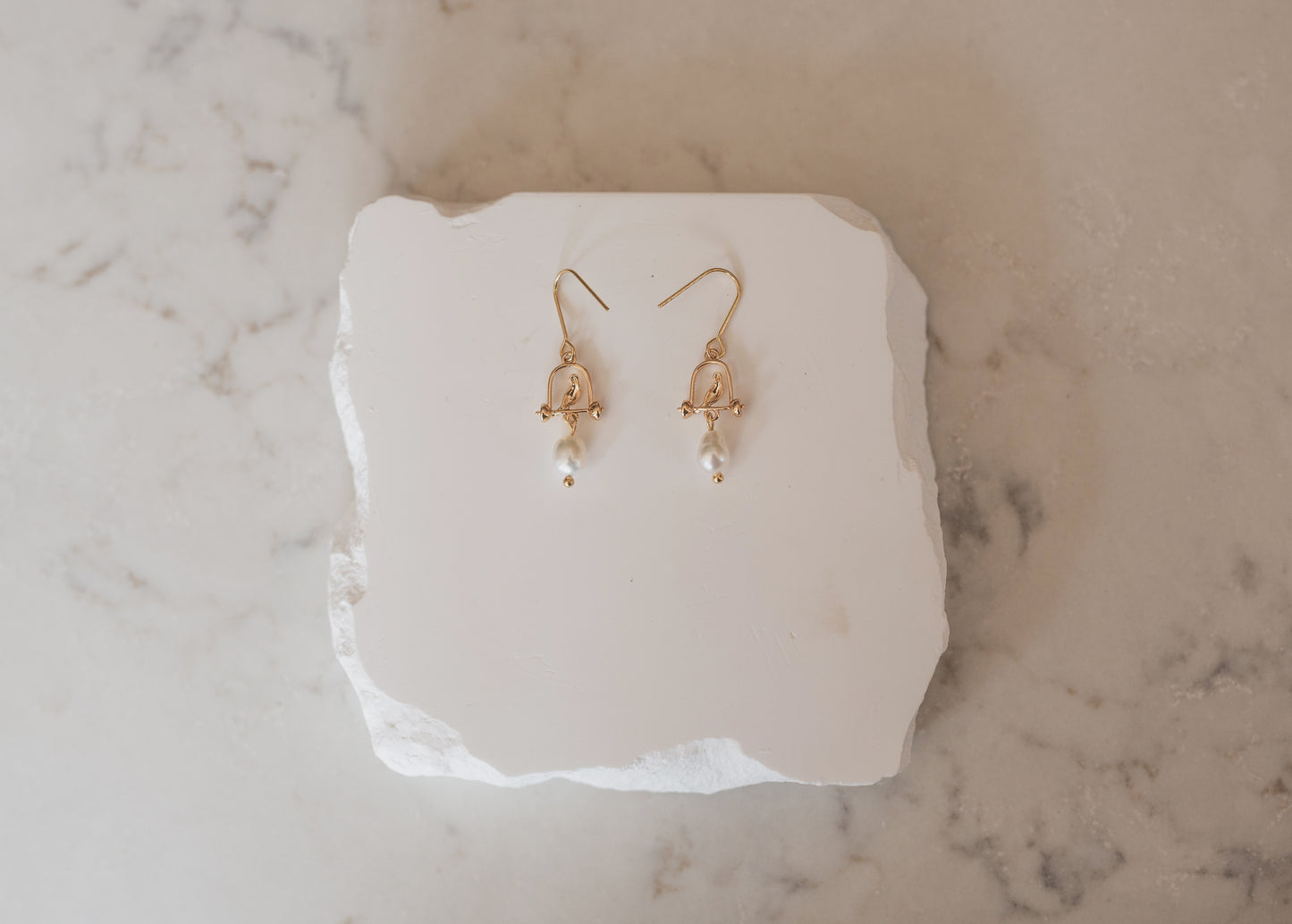 Gold Bird & Freshwater Pearl Drop Earrings