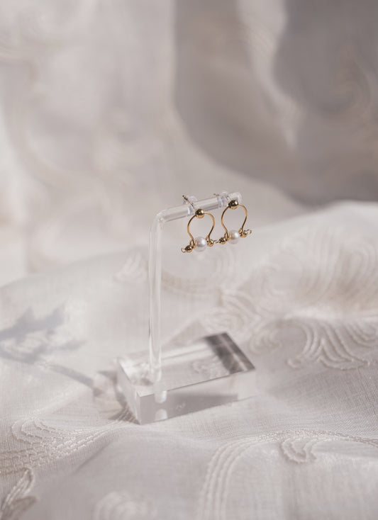 Gold Pearl Open Hoop Stud Earrings