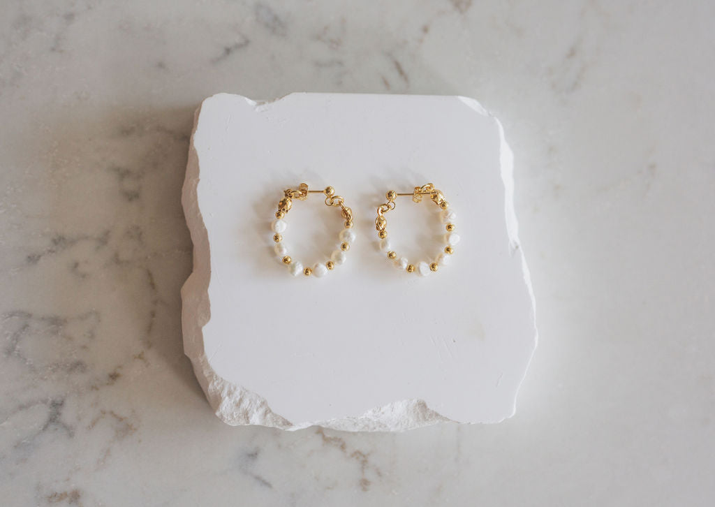 Freshwater Pearl Teardrop Hoop Earrings, Gold Beaded Bridal Jewelry