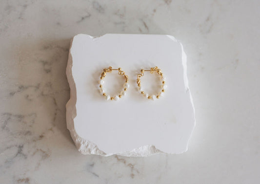 Freshwater Pearl Teardrop Hoop Earrings, Gold Beaded Bridal Jewelry