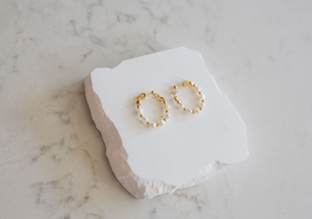 Freshwater Pearl Teardrop Hoop Earrings, Gold Beaded Bridal Jewelry