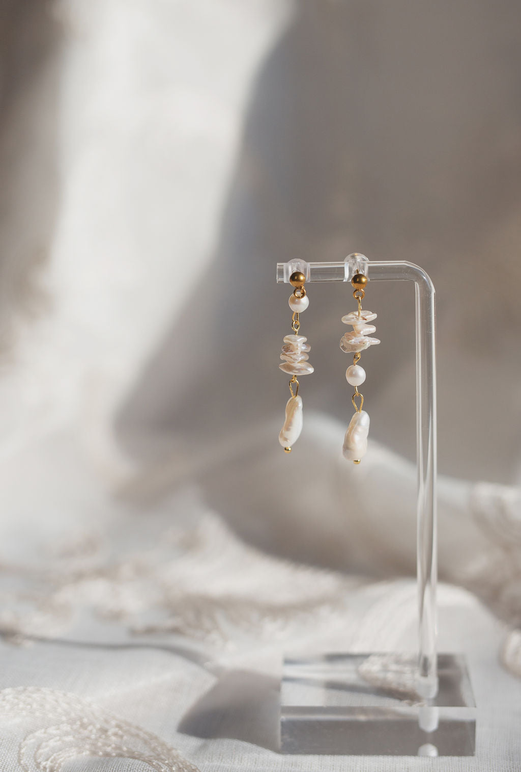 Baroque Pearl Drop Earrings, Asymmetrical Mismatched Gold Statement Bridal Jewelry