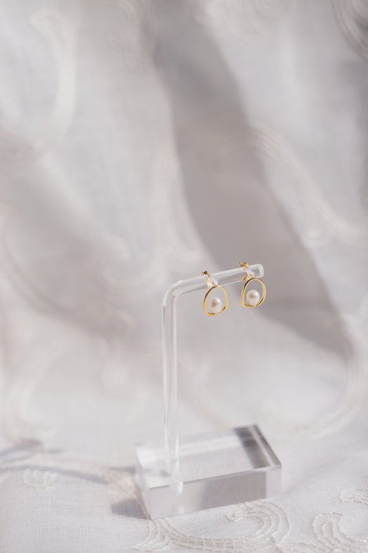 Gold Pearl Geometric Stud Earring