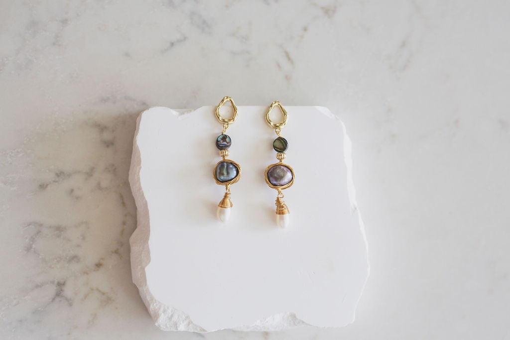 Abalone Pearl Drop Earrings, Baroque Freshwater Pearl Dangles, Gold Statement Jewelry