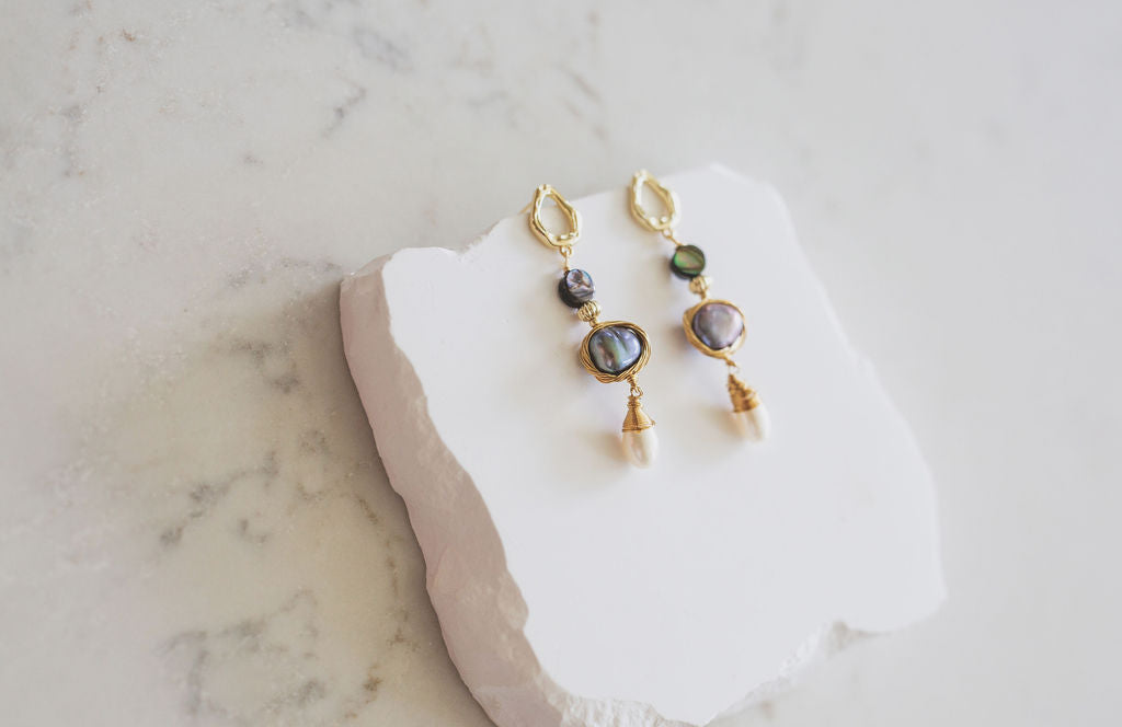 Abalone Pearl Drop Earrings, Baroque Freshwater Pearl Dangles, Gold Statement Jewelry