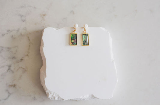 Abalone Shell Pearl Drop Earrings, Iridescent Rectangular Inlay, Gold-Tone Statement Jewelry
