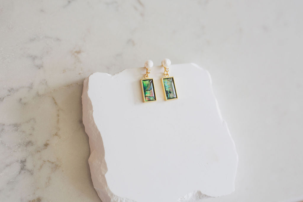 Abalone Shell Pearl Drop Earrings, Iridescent Rectangular Inlay, Gold-Tone Statement Jewelry