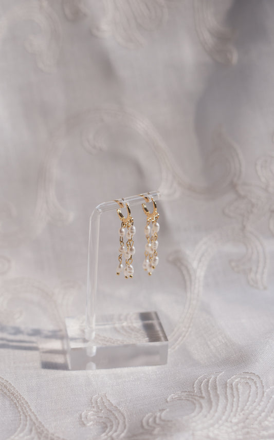 Gold Freshwater Pearl Tassel Huggie Earrings