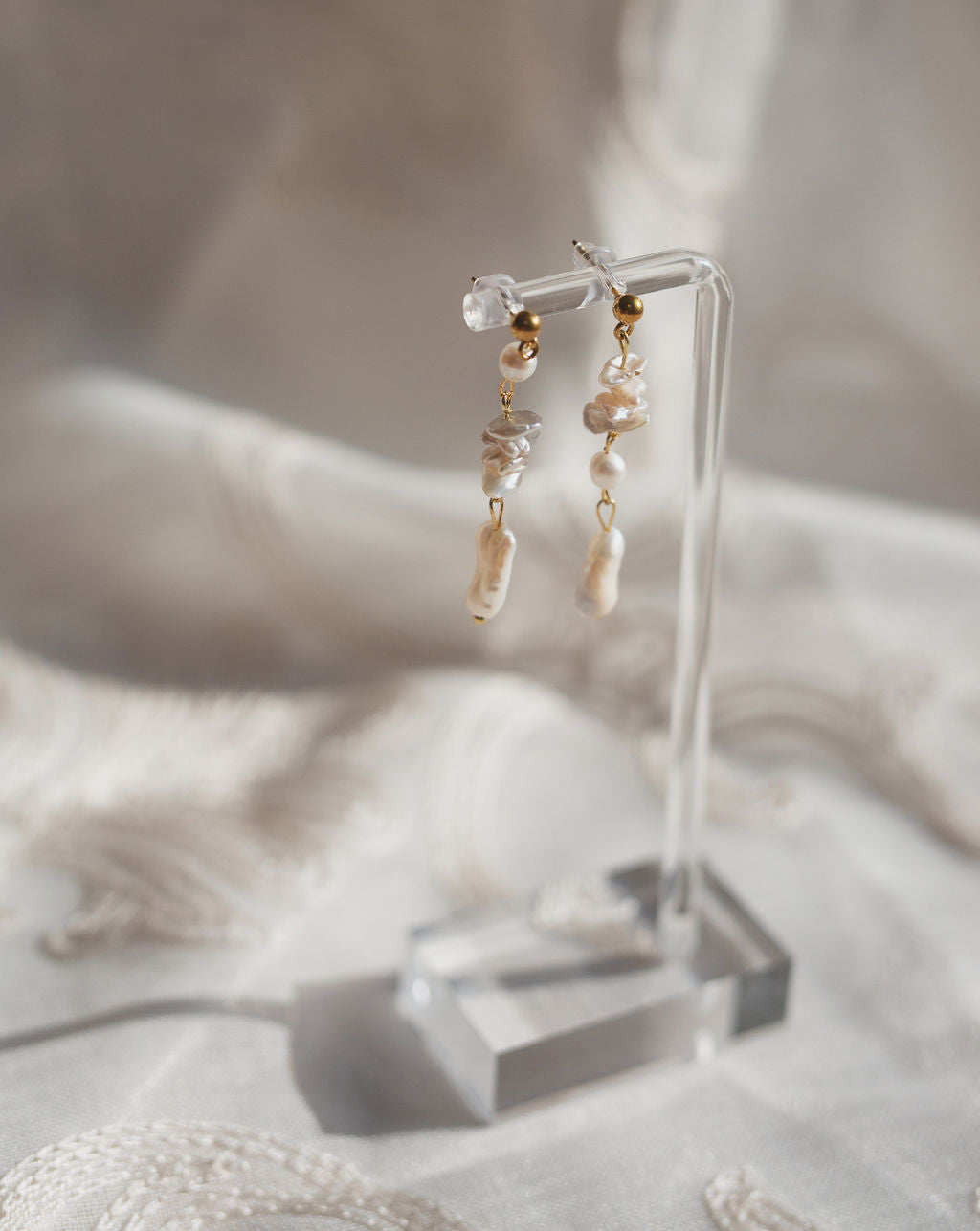 Baroque Pearl Drop Earrings, Asymmetrical Mismatched Gold Statement Bridal Jewelry
